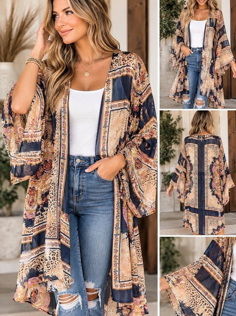 Umgee Paisley Animal Print Kimono Cardigan Tunic Blue & Cream XL